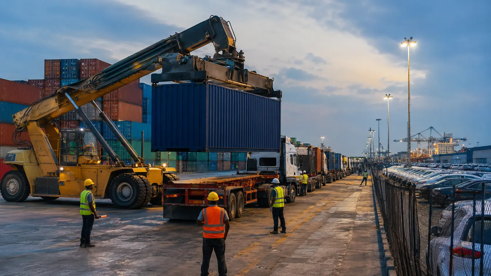 Container handler loading a long-haul truck beside vehicles prepared for export