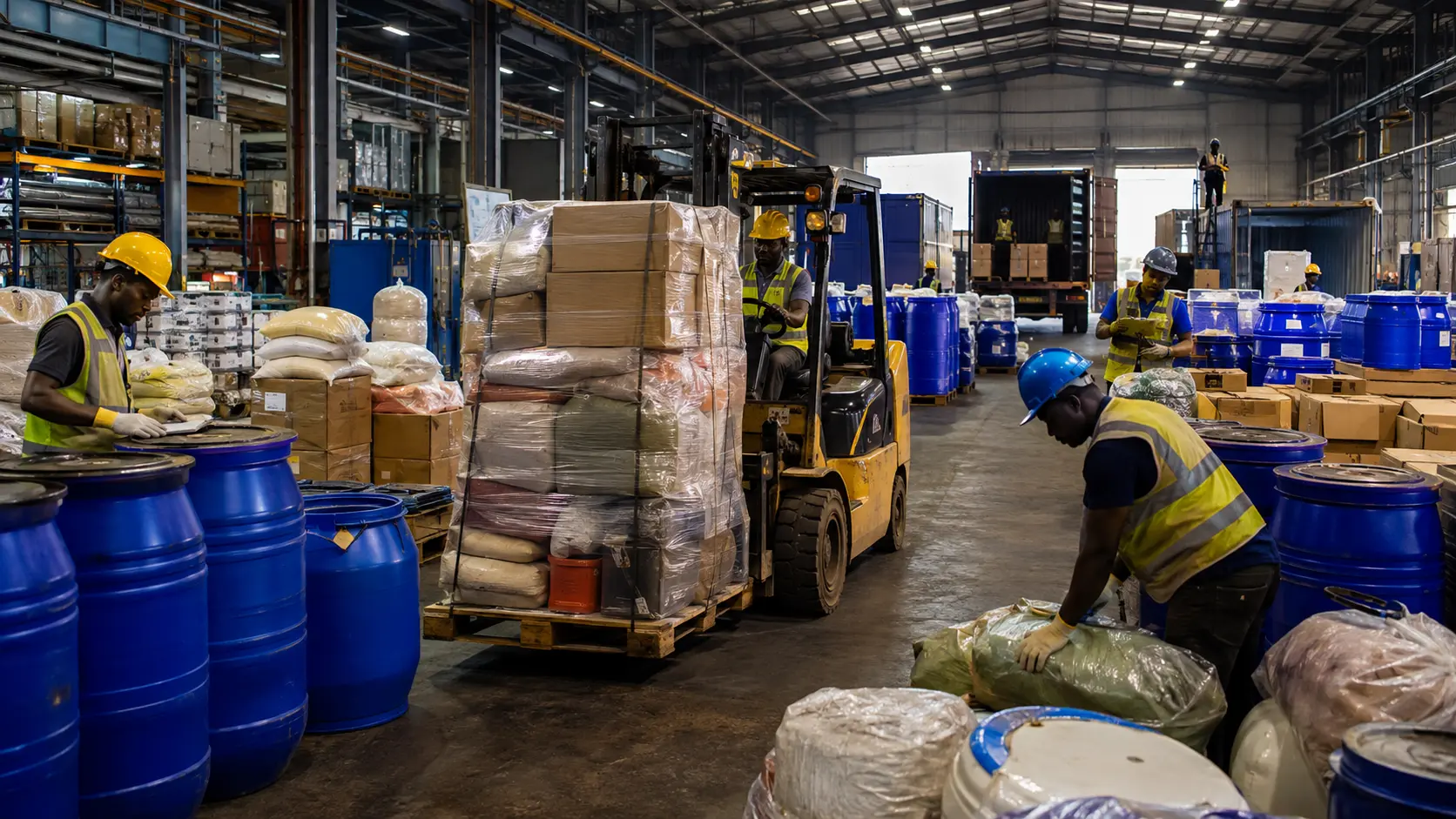 Busy general-goods warehouse with forklift, boxes, sacks and blue barrels