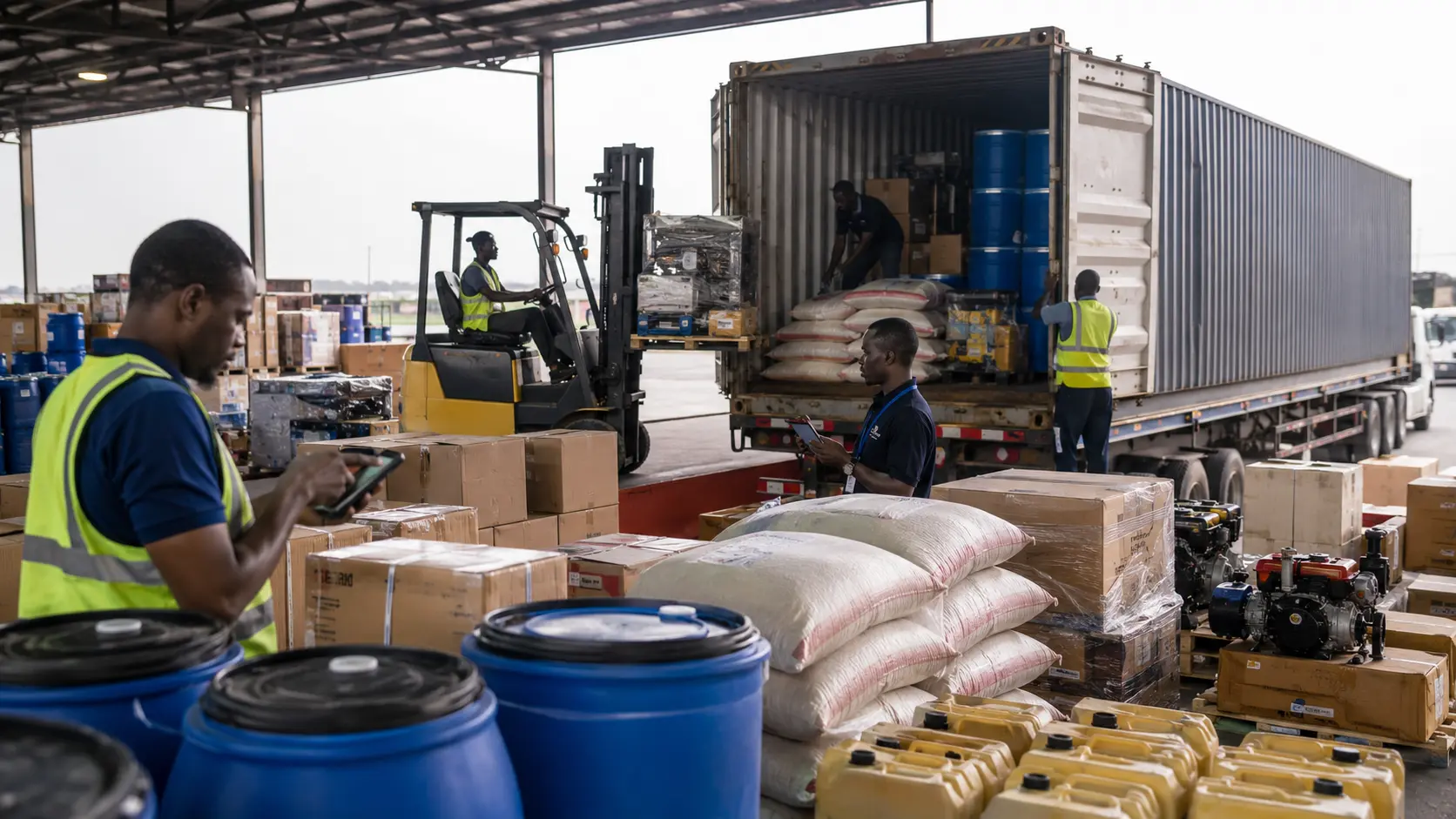Workers and lifting equipment loading mixed cargo at a professional shipping dock